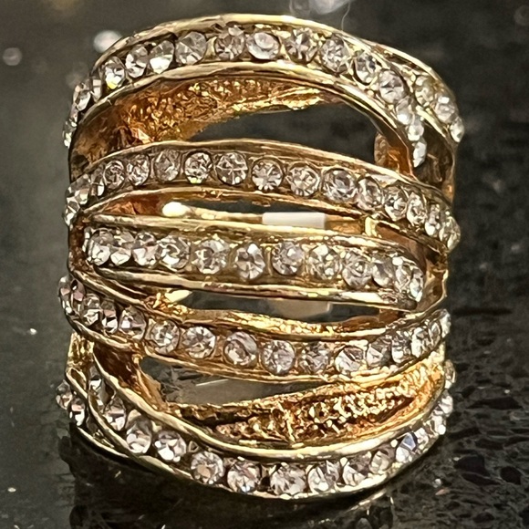 7-Row Swirls cz Crystal Gold Pave Set ladies Cocktail statement bling Ring - Picture 1 of 3